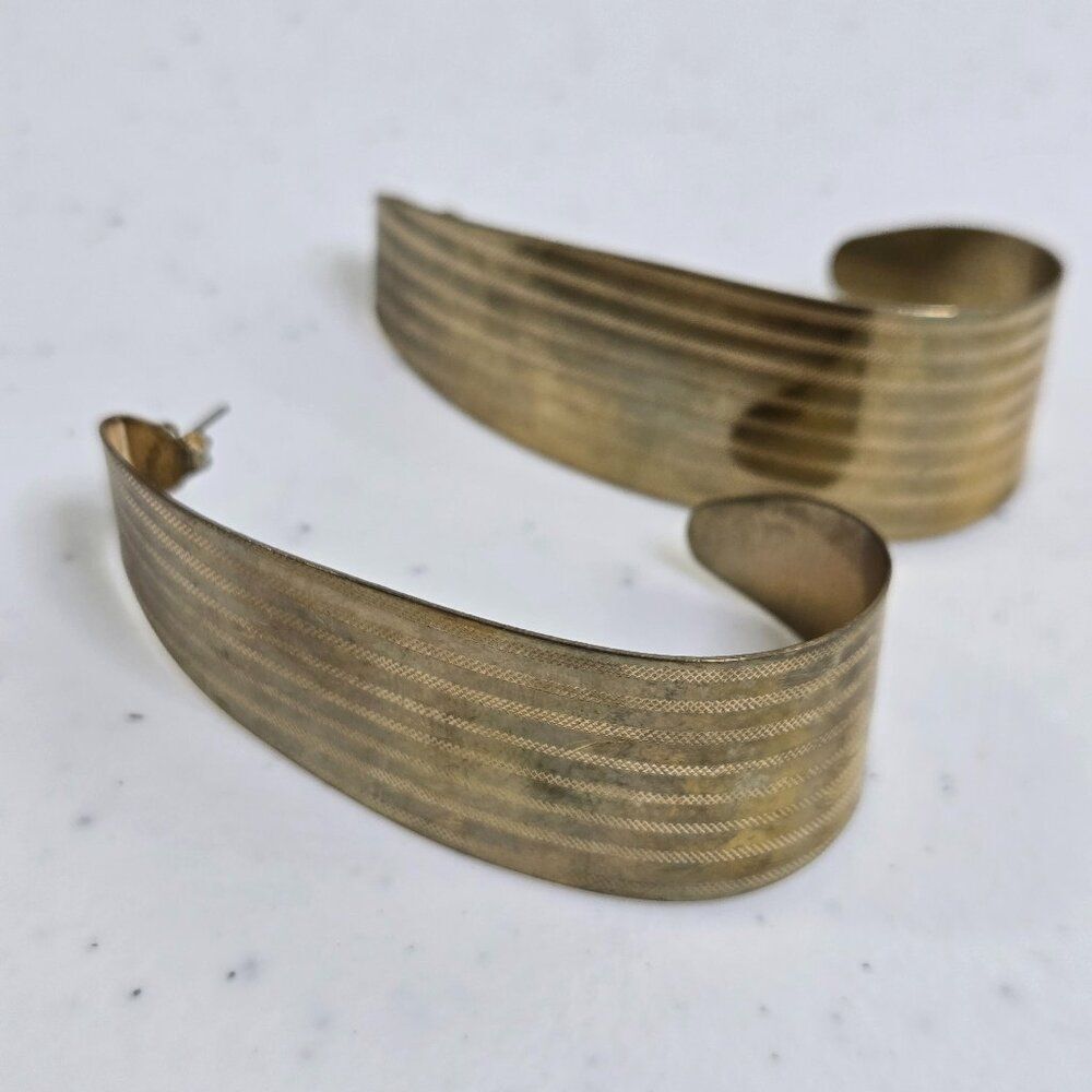 Vintage Gold Tone Stud Half Hoop Earrings Stripe Big Chunky Statement